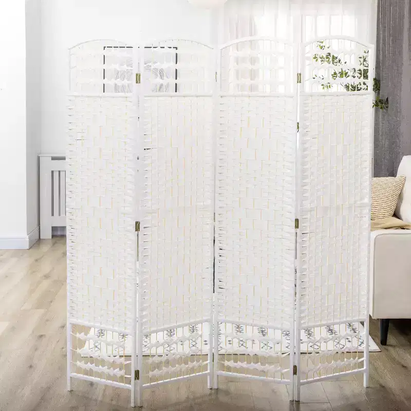 4 Panel Folding Room Divider - Bamboo Frame, White
