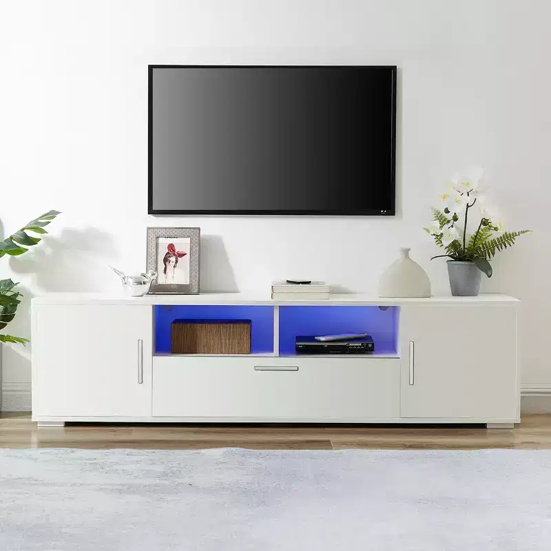 62.99 Stylish TV Stand with LED Light Belt, Open Cells and Metal Handle, Media Entertainment Center for 69 TV 4W - ModernLuxe