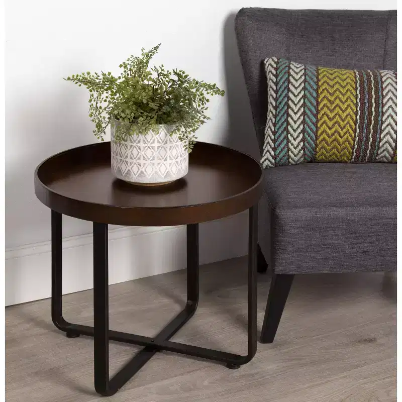 Bronze / Natural Round Metal & Wood End Table, 1-Person