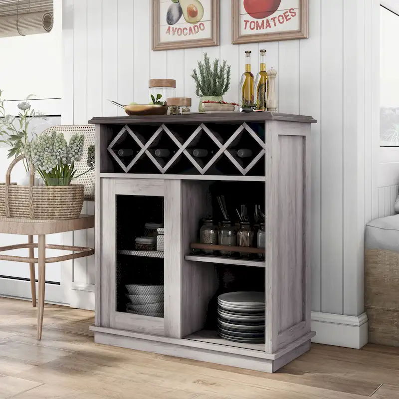 Farmhouse Four Shelf and Four Bottle Lattice-like Wine Buffet
