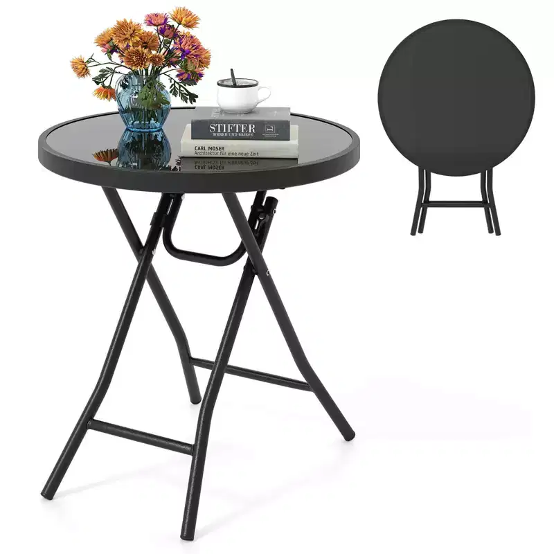 Costway 18 Folding Side Table Round Compact Coffee Table with Tempered Glass Tabletop Black/Gray