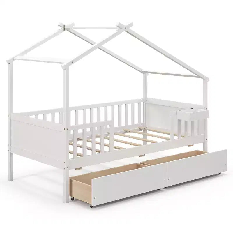 Twin House Bed with 2 Storage Drawers, Roof, Fence Rails, Headboard and Footboard