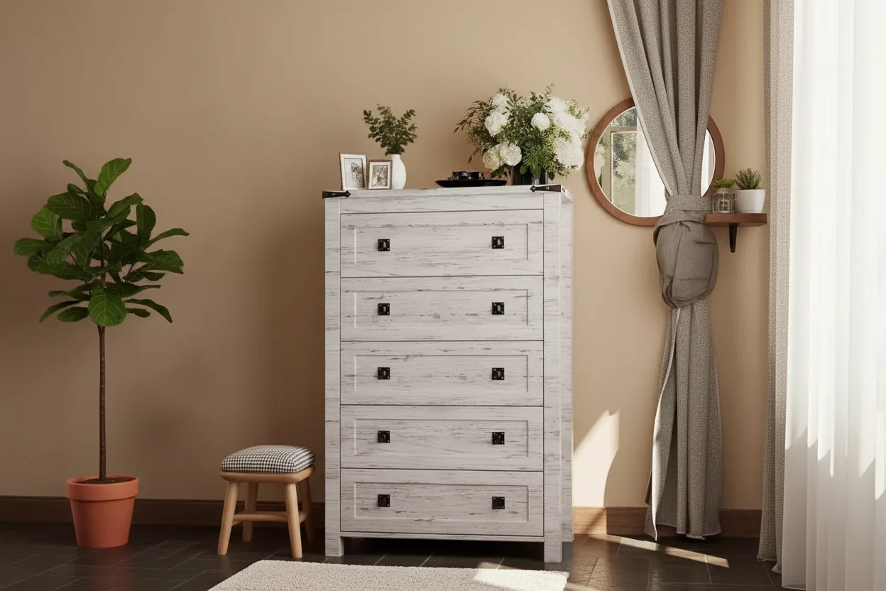 Farmhouse Wide Chest of 6 Drawers �C Rustic Wood Storage Dresser