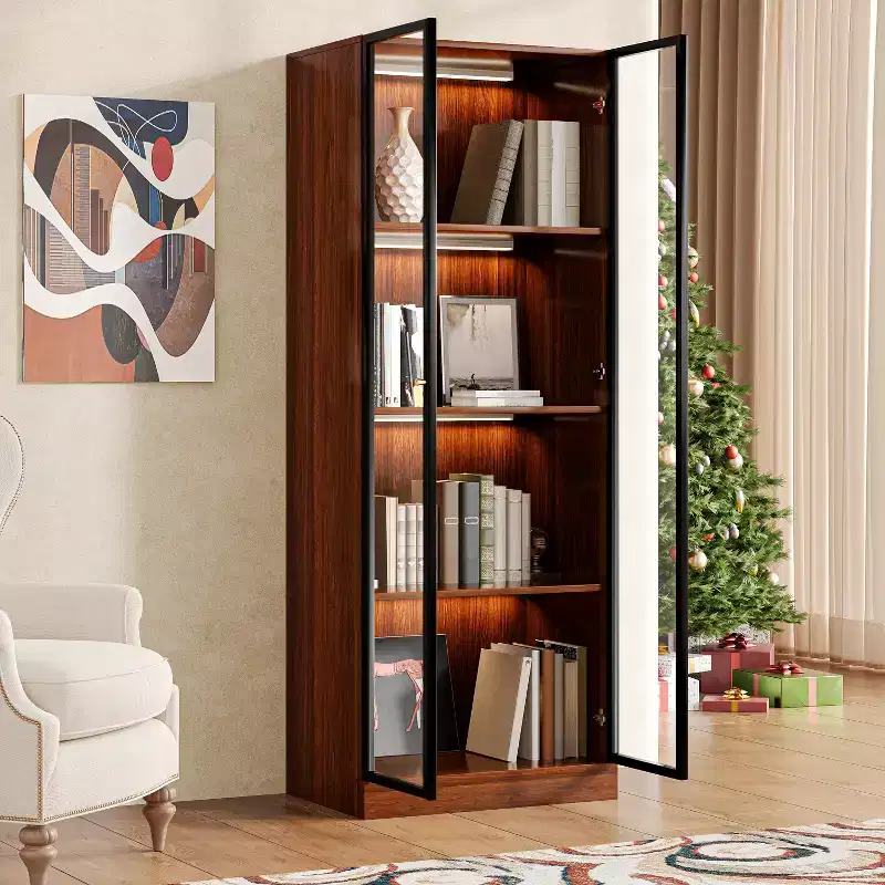 ATJafurn Brown 23.6''4-Tier China Display Cabinet, Mid Century Modern Wooden China Storage Hutch Dining Shelf with Glass Door for Home & Office