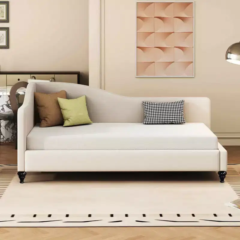 MAYEERTY Full Size L-Shaped Linen Daybed, Solid Wood Legs, Bedroom, Gray