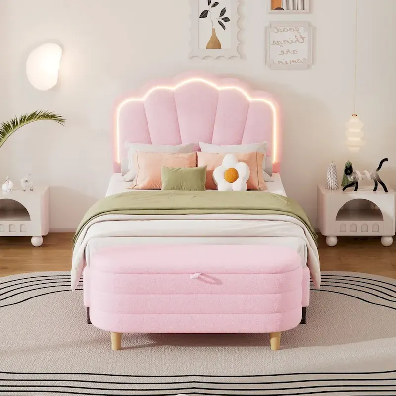 2-Pieces Bedroom Sets Full/Twin Size Flower-Shaped Upholstered LED Platform Bed with Storage Ottoman-Sherpa Fabric