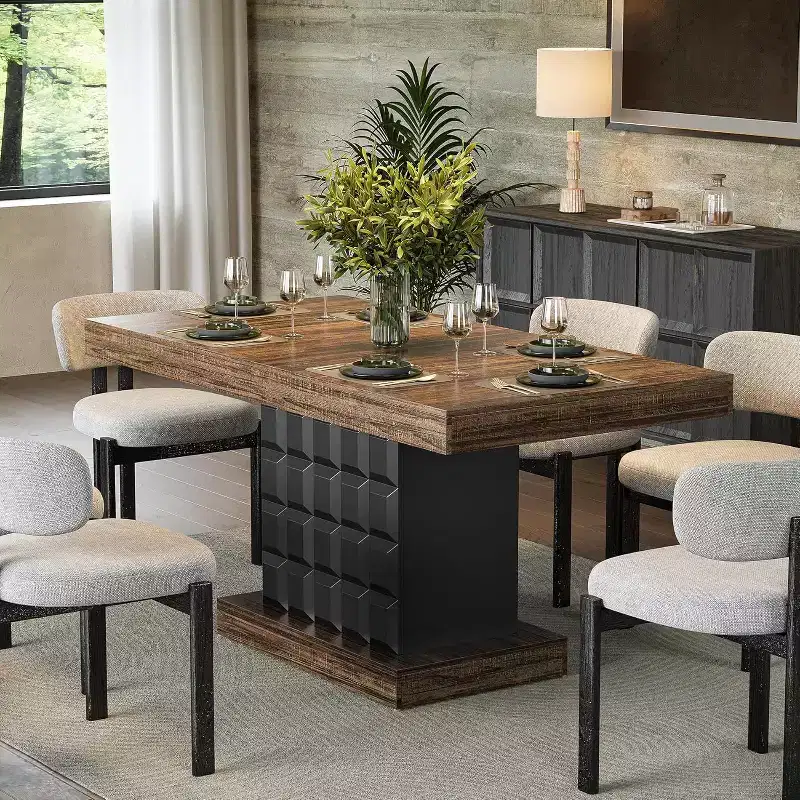 Lantine 63-Inch Modern Dining Table for 4-6, Rectangular Farmhouse Kitchen Table with Sturdy Wood Pedestal Base, Rustic Brown & Black