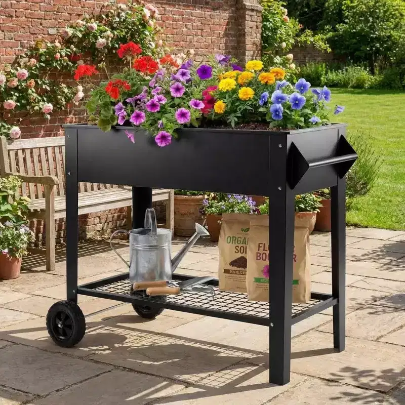 Mobile Raised Garden Bed with Wheels, Metal Elevated Planter Box with Storage Shelf, for Patio, Balcony & Backyard Gardening