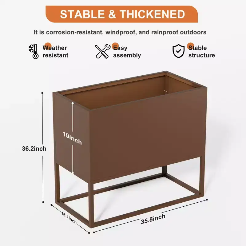 PexFix 36 x 18 Brown Large Metal Rectangular Planter with Shelves and Drainage Holes for Indoor/Outdoor Tall Plants Flowers
