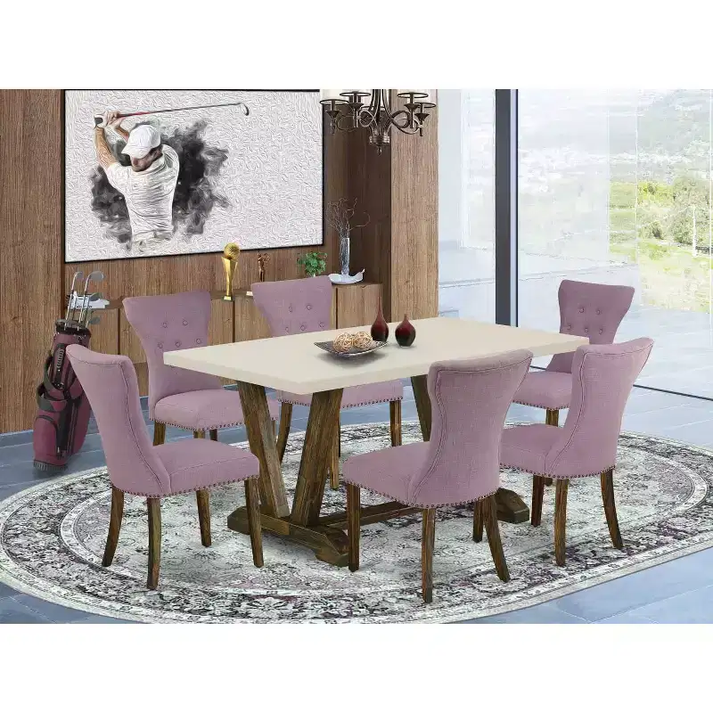 HomeStock 7-Piece Multi-Color Solid Wood Top-Rectangular Button Tufted Upholstered Dining Room Set-Seats 4