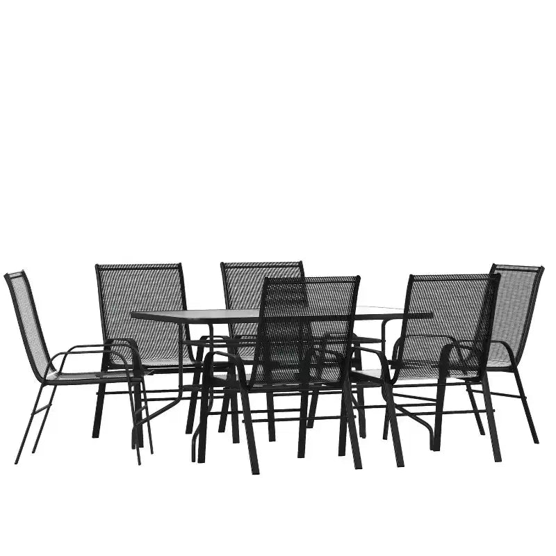 Emma and Oliver Seven Piece Patio Table Set with Metal Table with Tempered Glass Top and 6 Flex Comfort Stacking Chairs