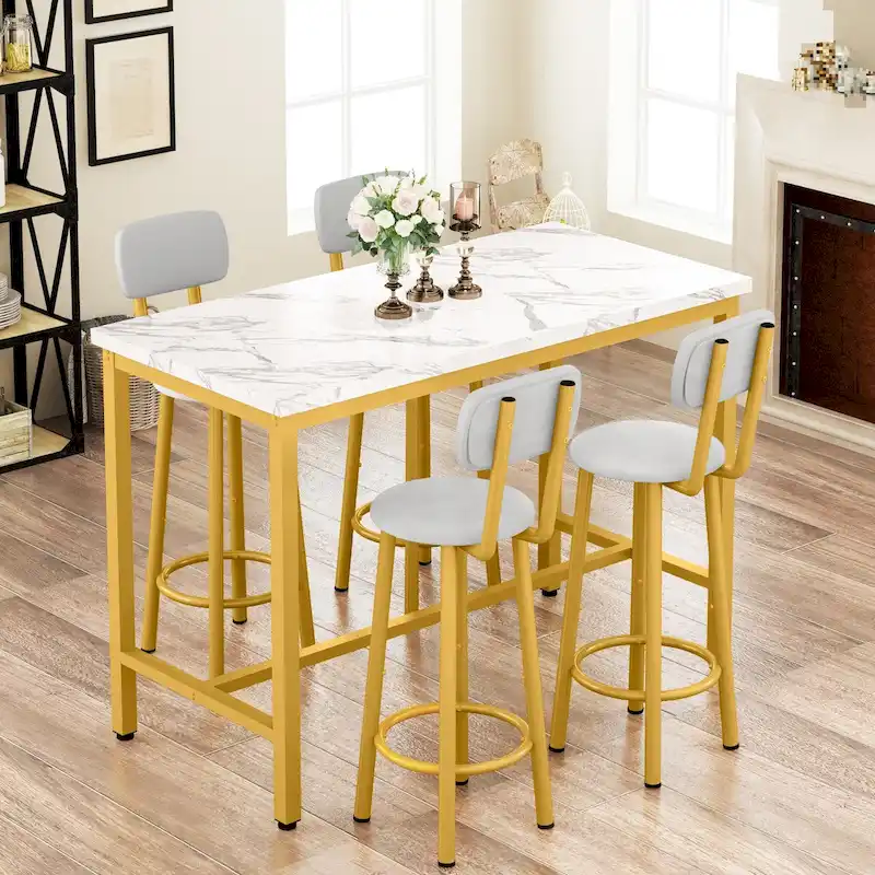 Mieres Modern Style 5 Pieces Dining Table Set, Faux Marble Top Bar Table with 4 Upholstered Bar Stools