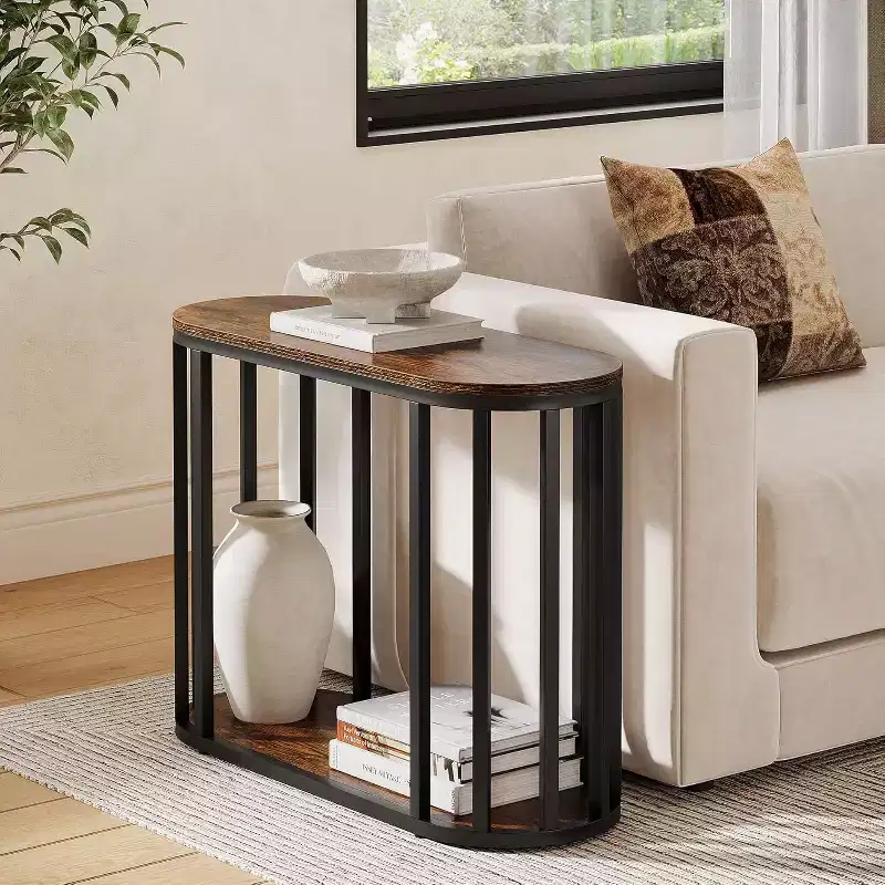 2-Tier Narrow Industrial End Table with Black Metal Frame - Brown, 11.81" Wide