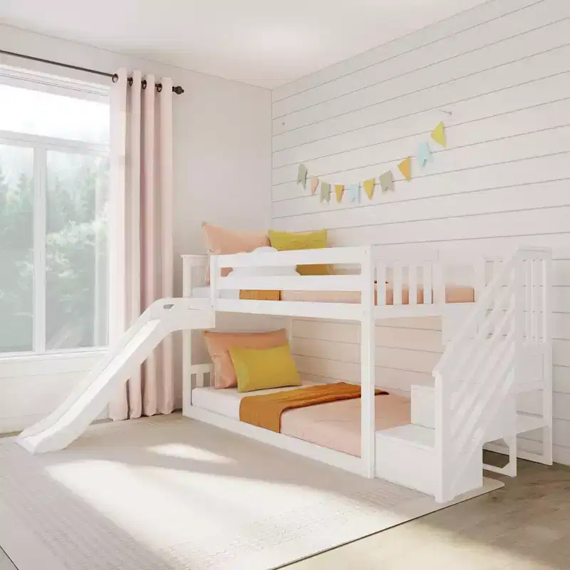 Max & Lily Twin Over Twin Low Bunk Bed with Slide and Stairs, Solid Wood Kids Platform Bed with 14 Guardrails