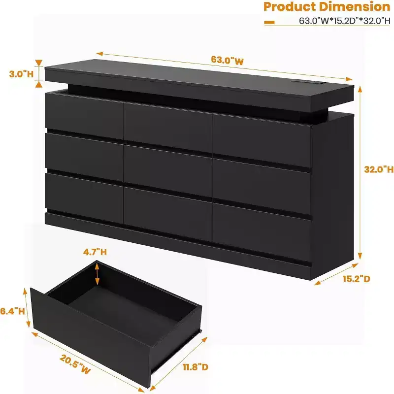 9-Drawer, 63 Wide LED & USB Dresser - Multi-Use Organizer & TV Stand for Bedroom & Living Areas, White
