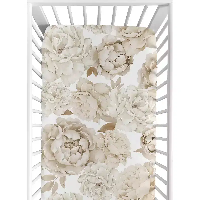 Sweet Jojo Designs Girl Baby Fitted Crib Sheet Peony Floral Garden Taupe and Ivory