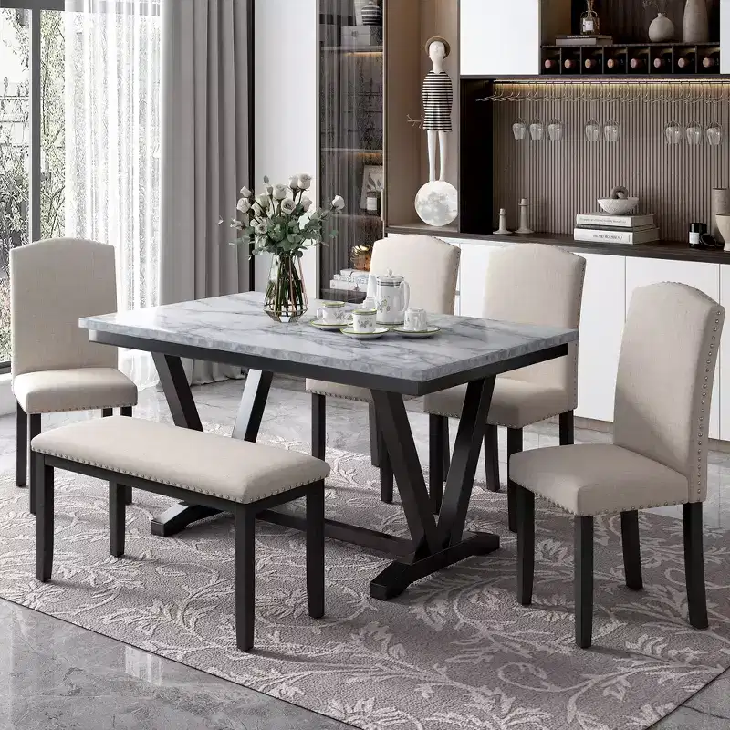 Whisen Modern Style 6-Piece Dining Table Set with 4 Chairs and 1 Bench and Teble with Marbled Veneers Tabletop - White