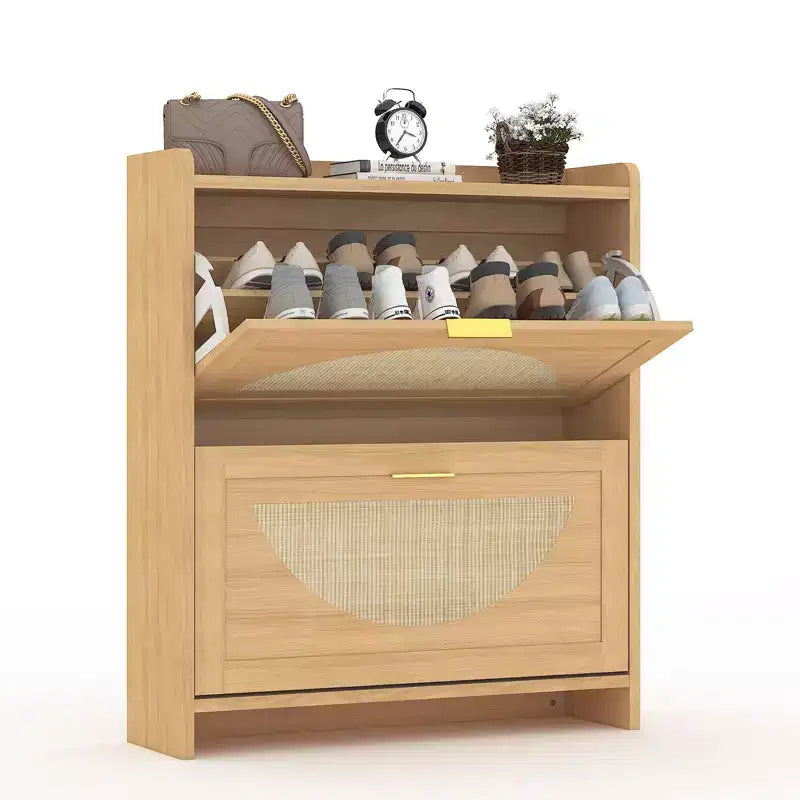 2 Flip Drawers Wood Shoe Storage Cabinet, Shoe Cabinet Freestanding with Rattan Doors & Adjustable Shelves for Entryway, Closet, Hallway