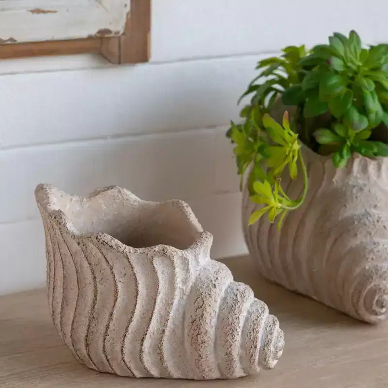 NAYSAYE Planter Sand and Cement Nautilus Shell Planter with Textured Beige Finish for Indoor Outdoor Garden, Beige, 9*5.5*5.7