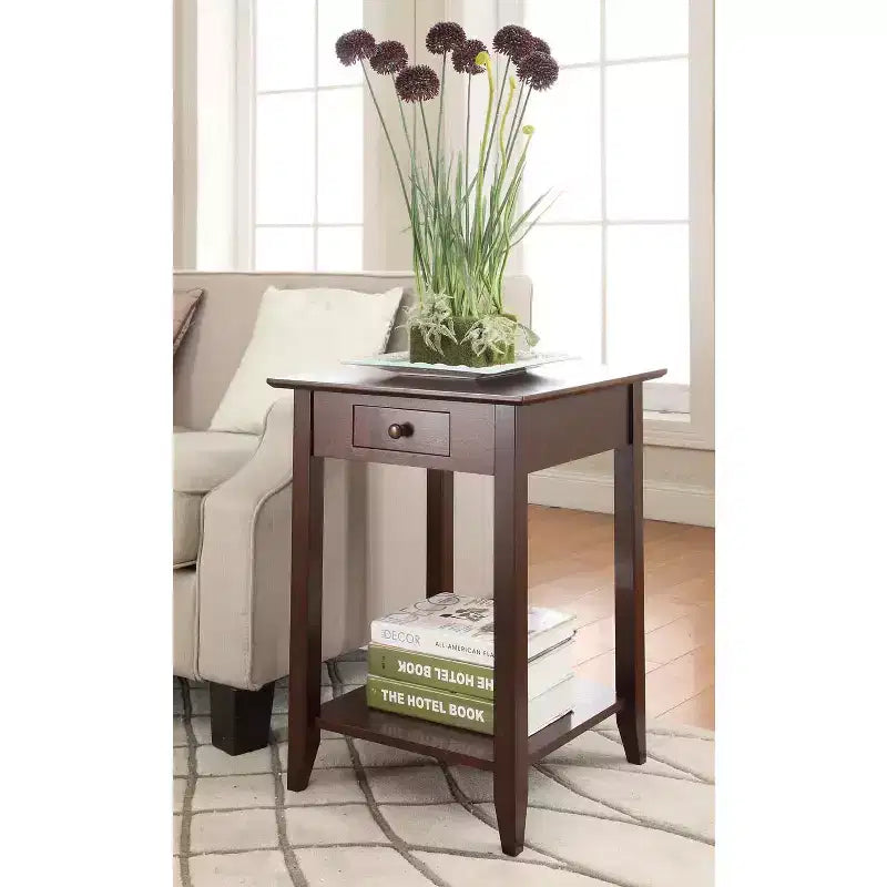 26 in.H Brown Rectangle Wood End Table with Drawer and Shelf