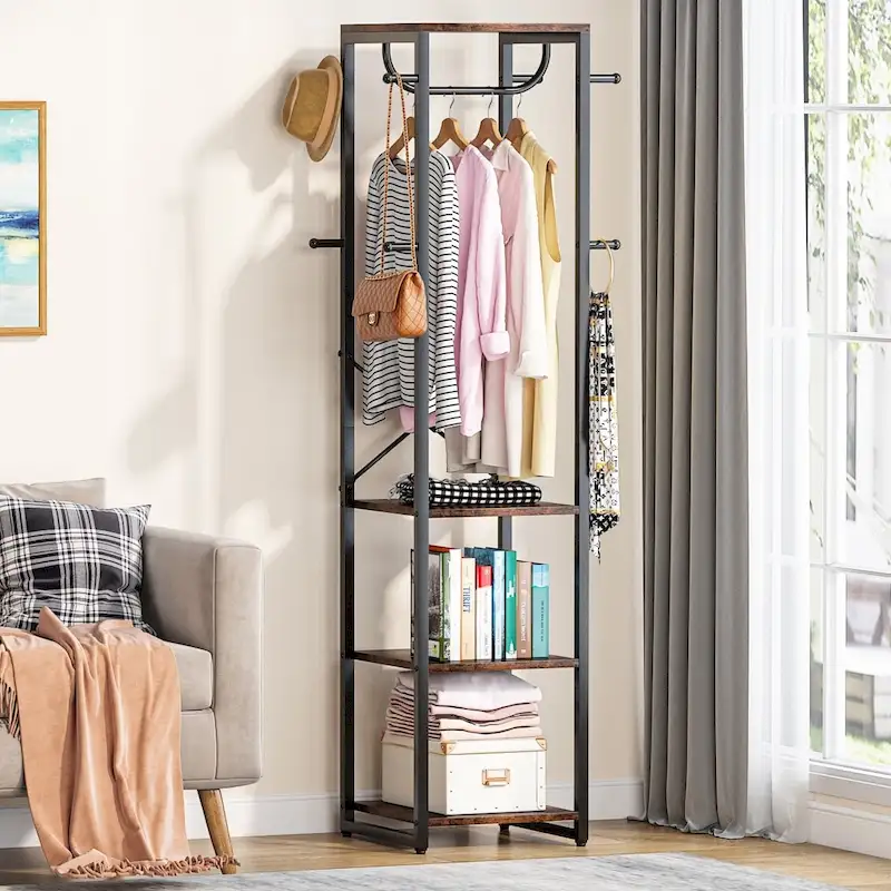 Freestanding Coat Rack with Shelves, Corner Hall Tree with 4 Shelves and 8 Hooks