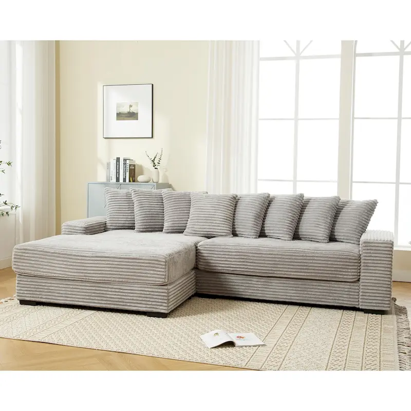 111 Corduroy L-Shaped Sectional Sofa with Left Chaise & 8 Pillows