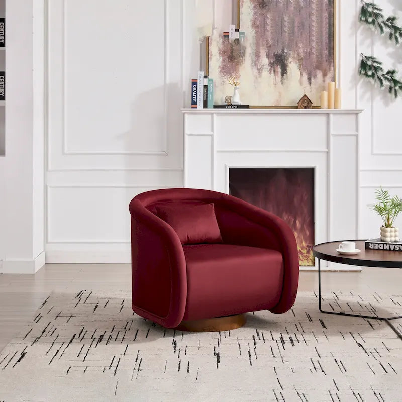 Wine Red / White Velvet Pumpkin-Shape 360° Swivel Barrel Accent Chair for 1 Person