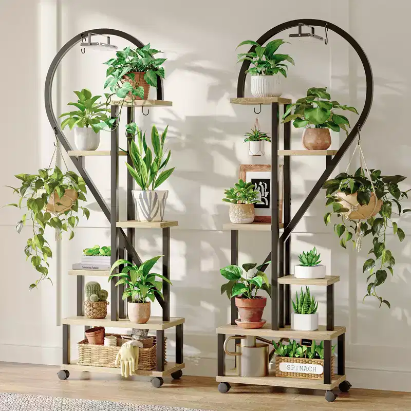 Bestier 65 Heart Shaped Plant Stand with Grow Lights & Wheels, 6-Tier Tall Metal Plant Shelf Display Shelf with Hanging Hooks