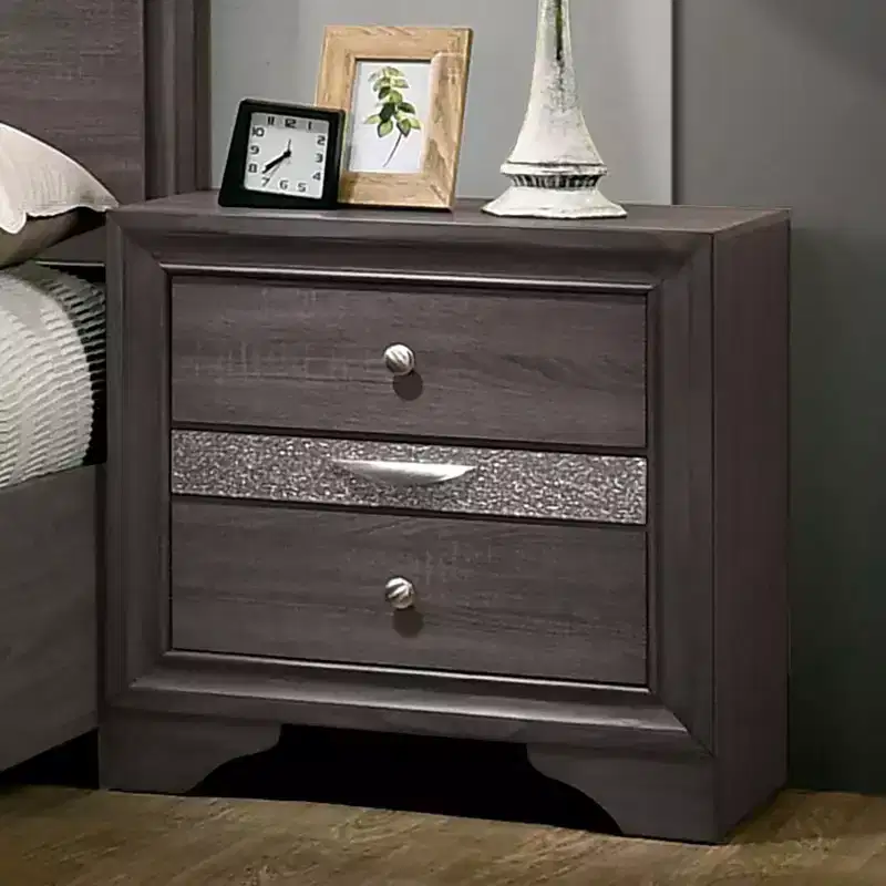 Contemporary Nightstand with Hidden Jewelry Drawer - Gray, Silver Accents
