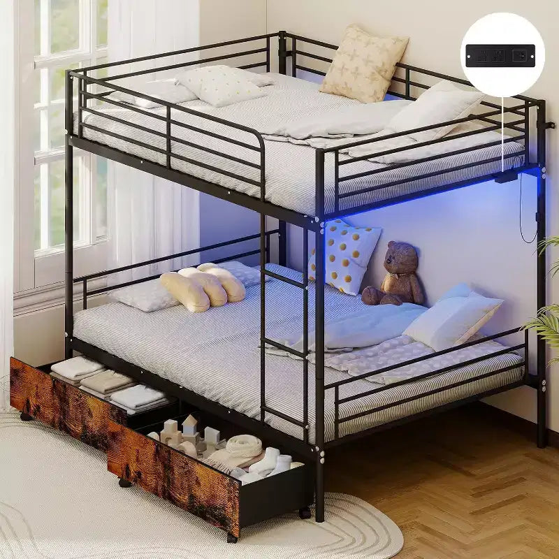 Full Over Full Convertible Bunk Bed with 2 Storage Drawers, USB Charging Station, LED Light, No Box Spring Needed, Metal, Black
