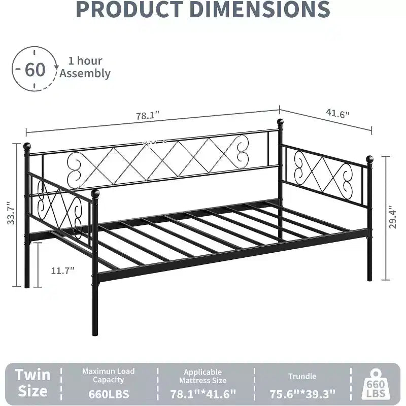 Daybed without Trundle, Twin Size with Heart-Shaped Headboard, Sturdy Metal Sofa Bed for Living/Bedroom/Guest Room, Easy Assembly, Black