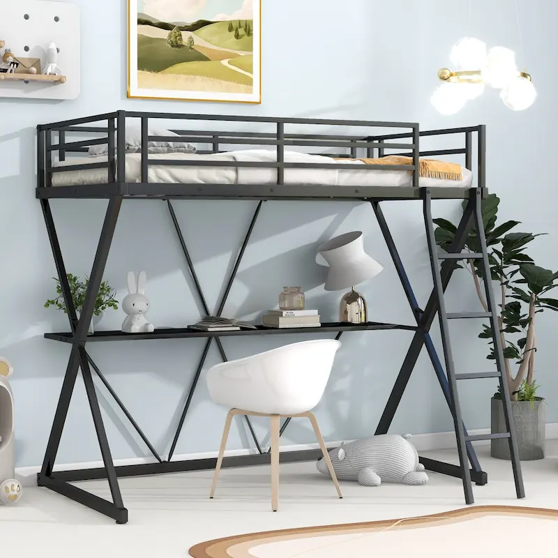 Twin Size Metal Loft Bed with Desk, X-Frame, Ladder and Full Guardrails
