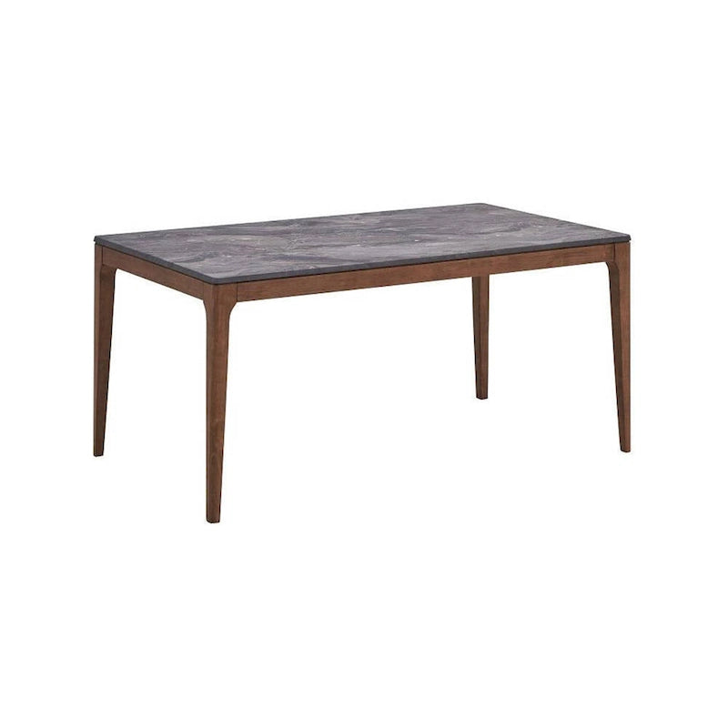 63-Inch Dining Table – Brown, Faux Stone Marble Grain Top, Walnut Base, Tapered Legs, Mid-Century Modern Style