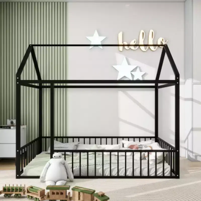 Twin Size Metal Bed Frame in House Shape with Enclosing Fence