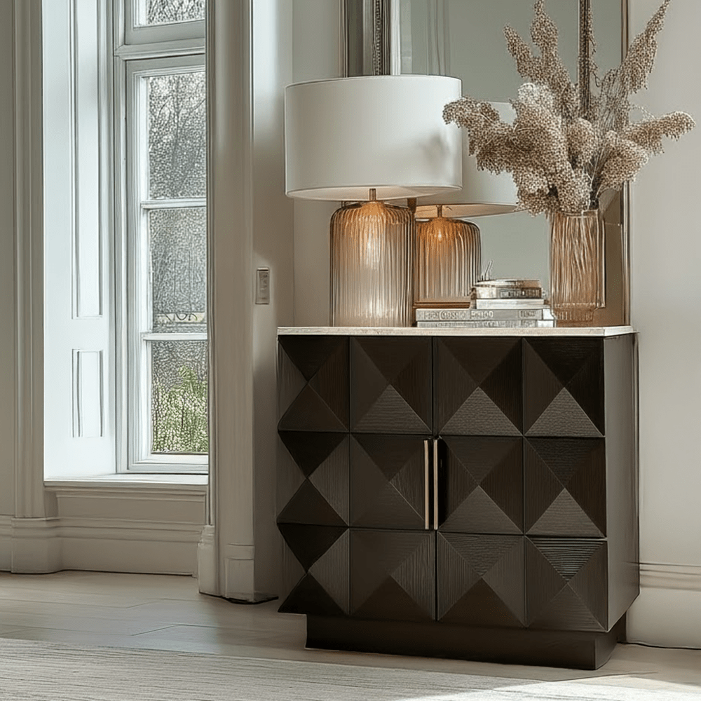 Deep Brown 2 Door Sideboard with Travertine Top