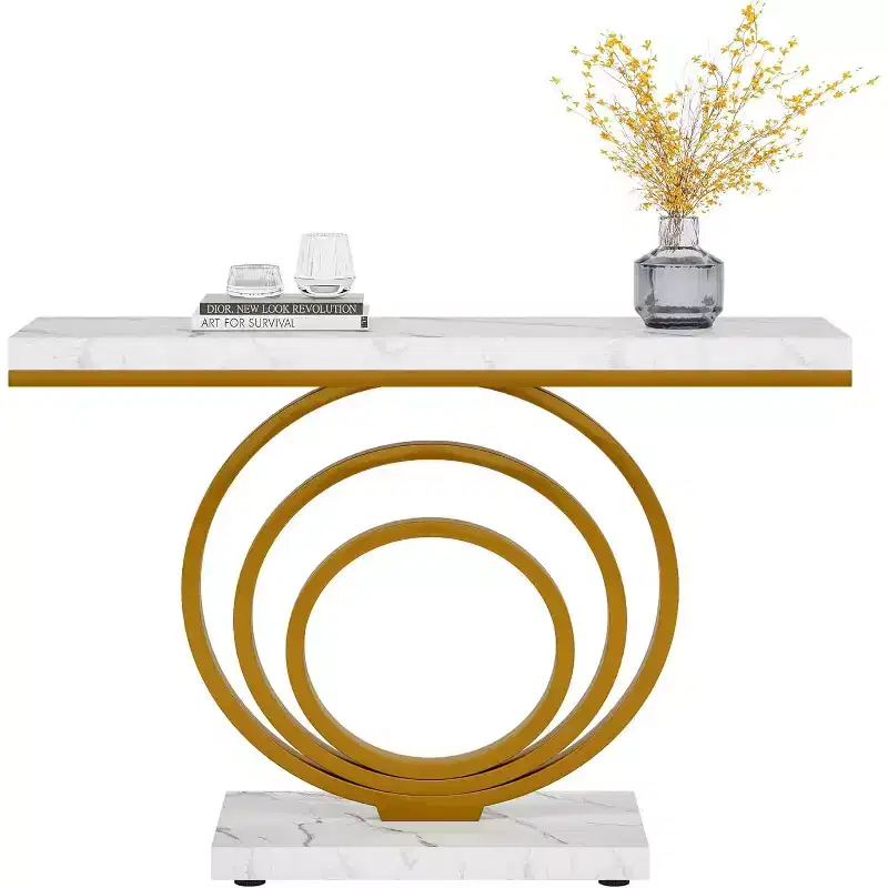 41-Inch Gold Entryway Table with Faux Marble Veener Top, Modern Narrow Console Accent Table for Living Room, Hallway, Entrance.