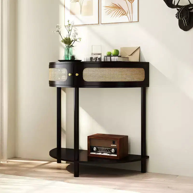 Rattan Half Moon Console Table with 2 Sliding Doors & Bottom Shelf, Entryway Sofa Table