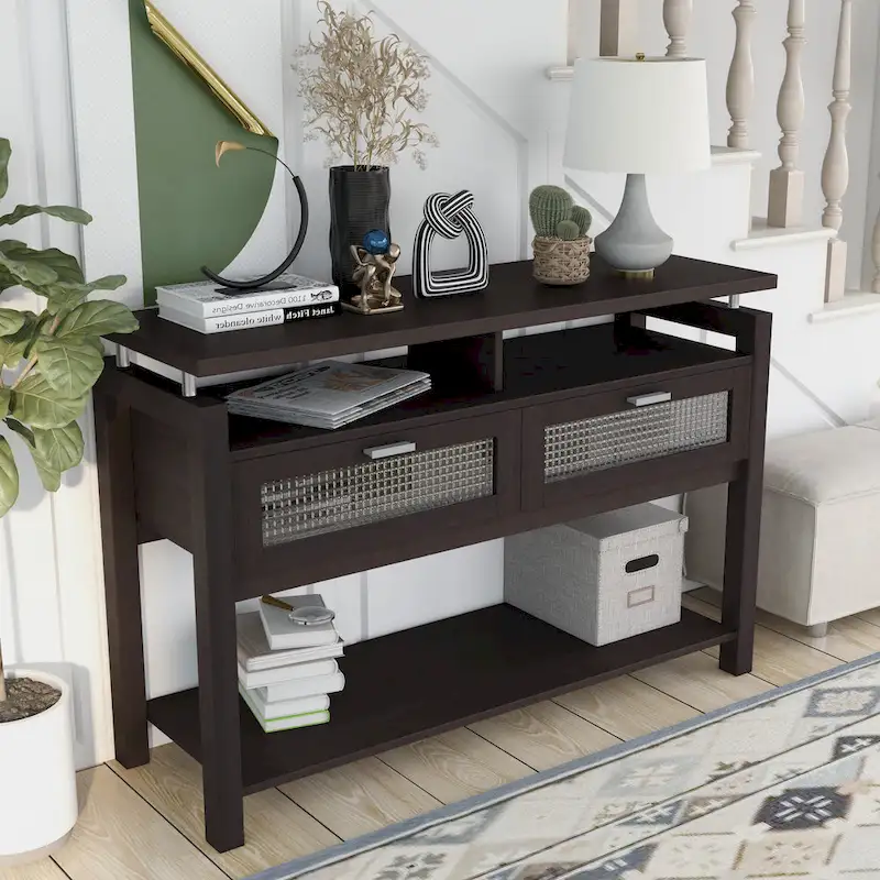 Espresso Modern Console Sofa Table with Flip-Down Cabinets and Open Shelves