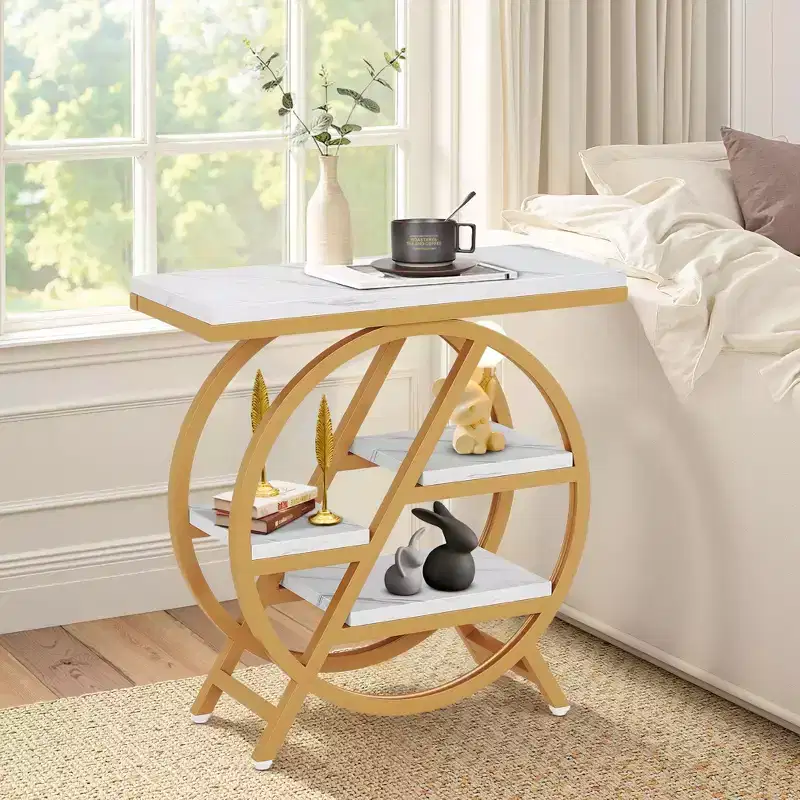 TUYOHW Industrial End Table,4-Tier Side Table with Rustic White Top & Gold Metal Frame,Staggered Shelves