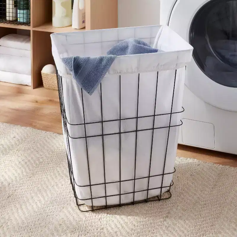 Black Wire Open-Top Laundry Hamper with Fabric Liner, Single