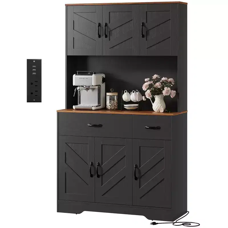 71 Pantry Cabinet with Charging Station, Kitchen Hutch Storage Cabinet with Countertop & Drawer, Farmhouse Food Pantry with Microwave Stand
