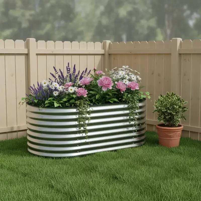 HomeRoots 32 X 63 Silver Metal Oval Raised Garden Bed