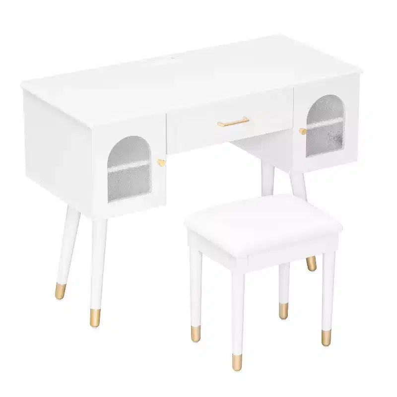 Homy Casa Vanity Table with Stool and Storage Cabinets for Bedroom or Dressing Room, White