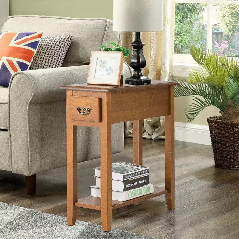 Narrow End Table with Drawer and Open Shelf, 24 Bedside Nightstand for Bedroom and Living Room