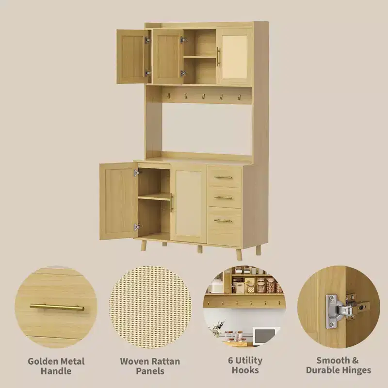 Rattan Pantry Cabinet,71Pantry with Microwave Stand, Freestanding Hutch with Drawers,Hooks,Storage Cabinet for Dining Room, Kitchen, Living Room
