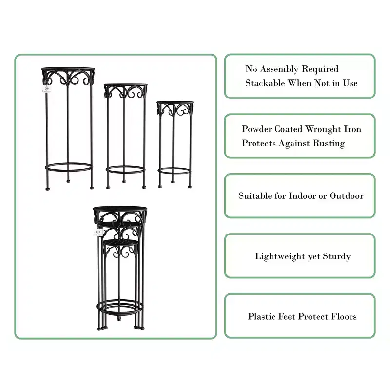 Plant Stands  Set of 3 Indoor or Outdoor Nesting Wrought Iron Metal Round Decorative Potted Plant Accent Display Accessories by Pure Garden (Black)