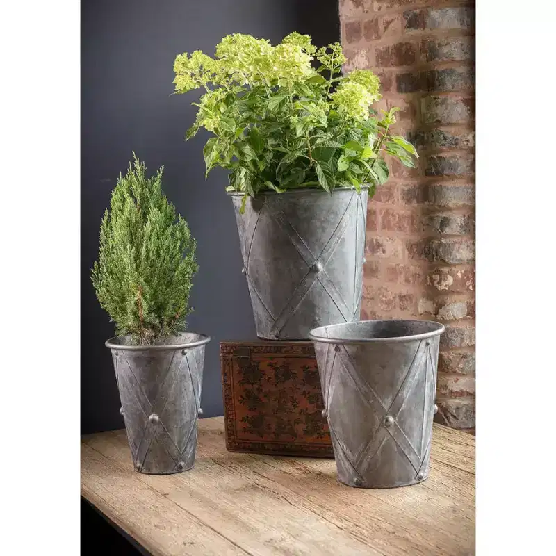 Slickblue Metal Drum Planters, Zinc Finish, Set of 3 Decorative Flower Pots, Not Water Tight, Large & Medium