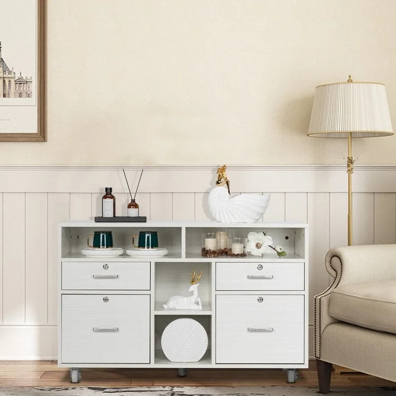 4-Drawer Wood Mobile File Cabinet, Lockable Rolling with Shelves