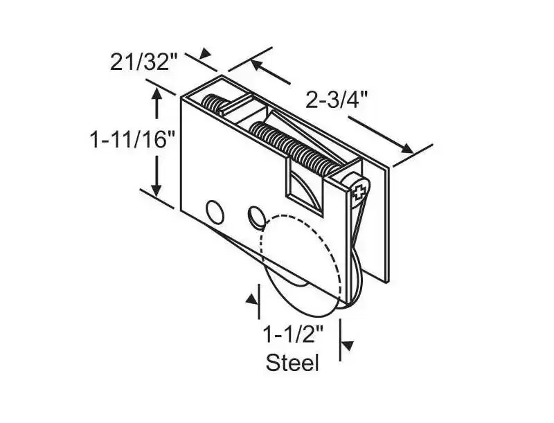 Brixwell Patio Door Roller Assembly, Steel Material, 1-1/2 Wheel, 2-3/4 Housing Length, 1-11/16 Housing Height, Dichromate Finish