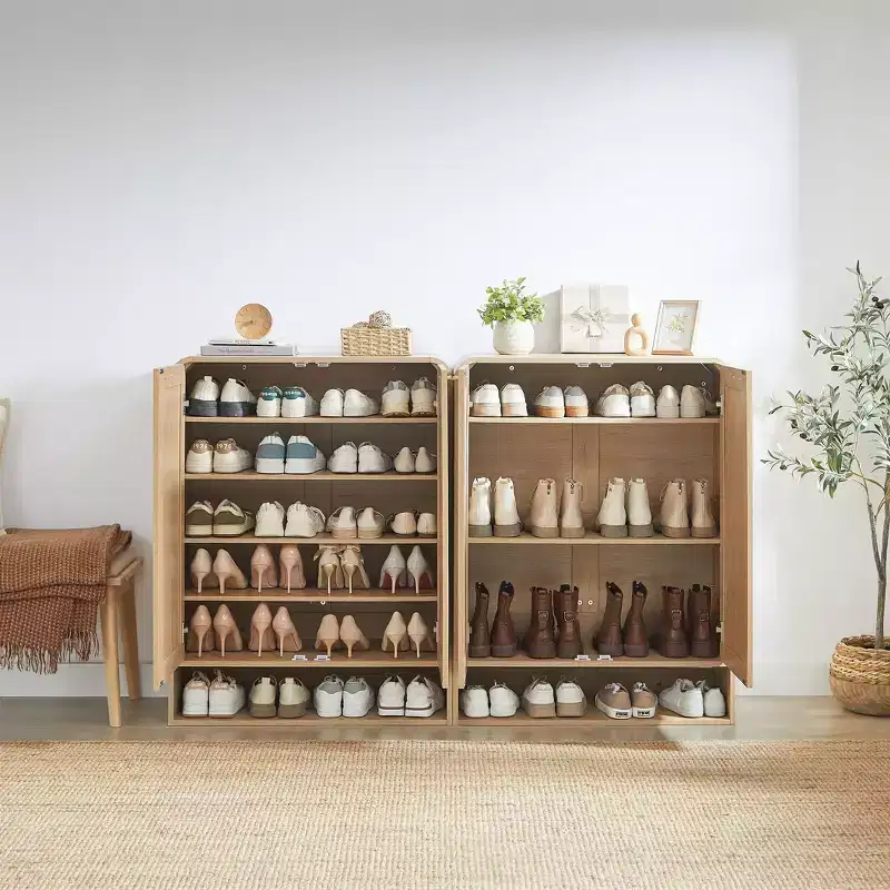 TUYOHW 6-Tier Rattan Shoe Storage Cabinet with Adjustable Shelves, Wooden Shoe Rack, Multi-scene Shoe Organizer for Home Living Spaces